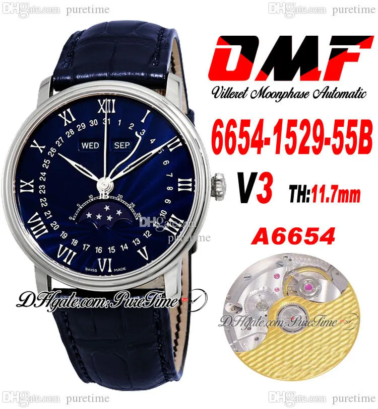 OMF Villeret Complicated Function A6554 Automatic Mens Watch V3 40mm 6654-1529-55B Steel Case Blue Dial Silver Roman Markers Leather Super Edition Puretime C3