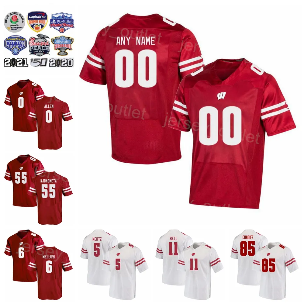 NCAA College Wisconsin Badgers Piłka nożna 0 Braelon Allen Jersey 1 Chez Mellusi 11 Skyler Bell 55 Maema NJongmeta 85 Clay Cundiff 5 Graham Mertz Niestandardowy numer nazwy