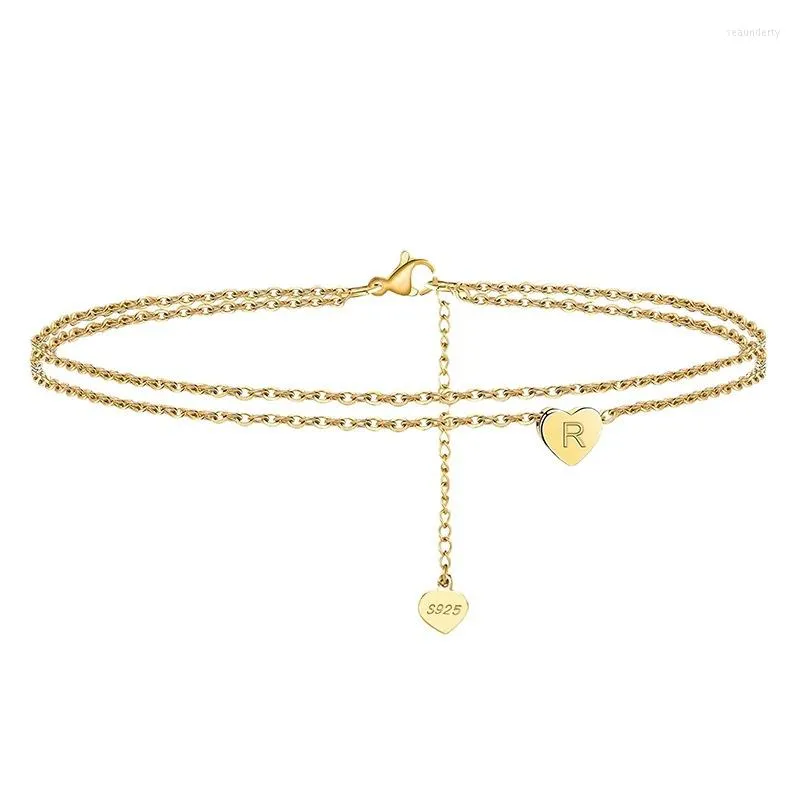 Ankjes 14K Gold Authentic 925 Sterling Silver Double Rows Letter Naam gegraveerde hartketen Anklet Bracelet Sieraden C-DSA18