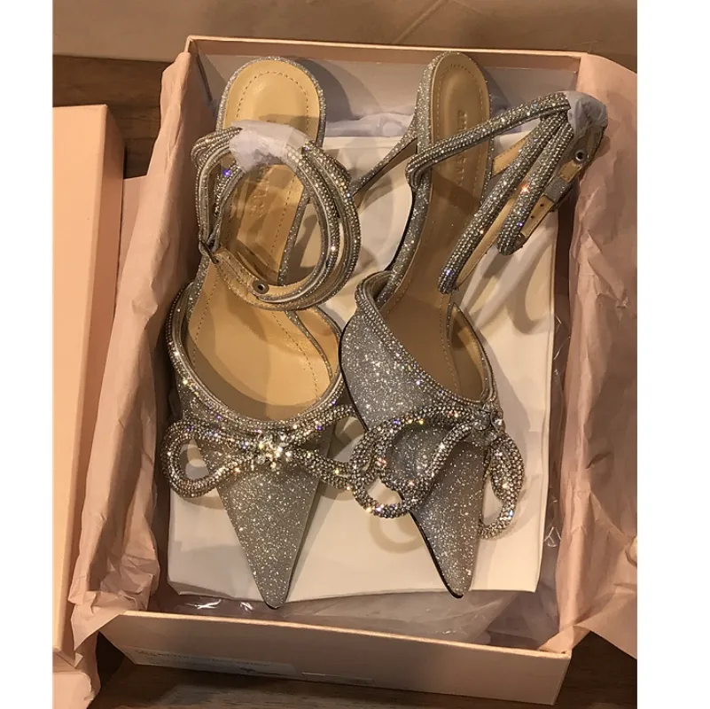 Glitter Strass Décolleté Tacchi alti per le donne Crystal Bowknot Satin Sandali con tacco alto 2023 Scarpe estive da donna Scarpe da ballo per feste Plus Size 34-41