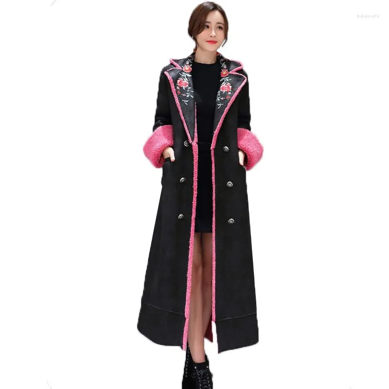 Bordado de peles feminino Mulheres Casaco de Cordeiro 2022 Winter Parka Double Bastested Sold Longe Sury Sury Sury Faux Leather Overs Coats quentes