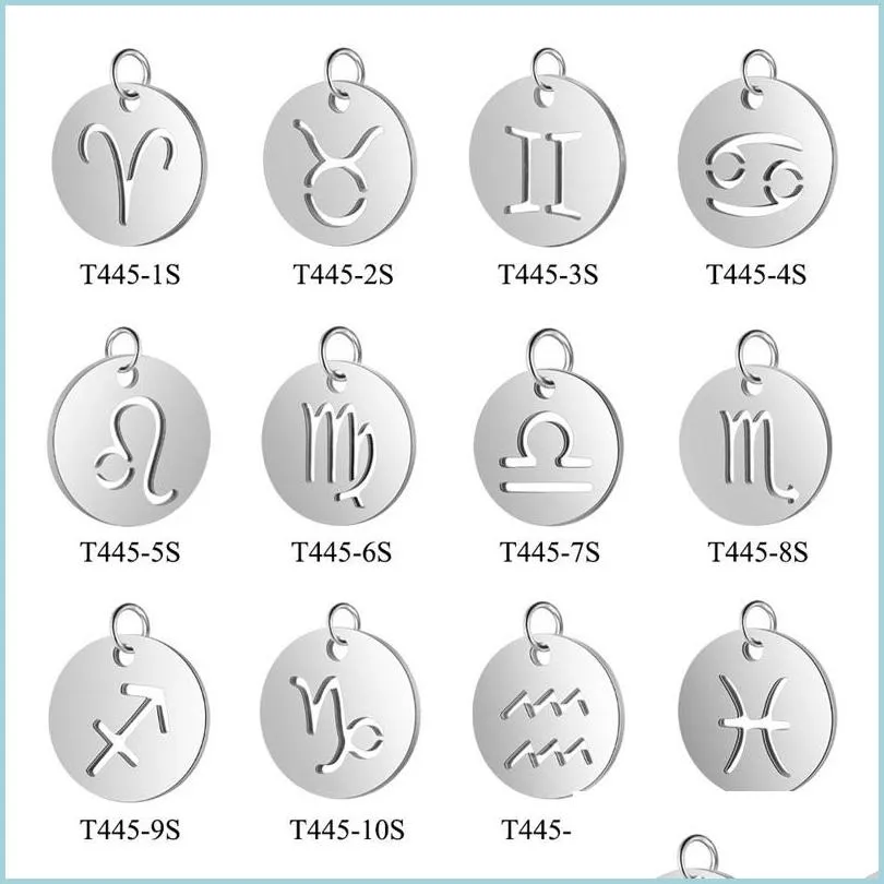 Charms Stainless Steel Round Shape 12 Constellations Zodiac Charms Diy Fashion Making Accessroies Bracelet Necklace Pendant Jewelry D Dh1Xd