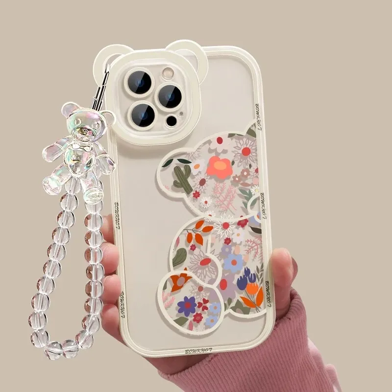 Étuis de luxe 3D Ours Oreille Fleur Transparent Accrocher Téléphone Chaîne Étui En Silicone pour iphone 13 11 14 Pro Max 12 XR X XS De Protection Transparent Couverture Souple