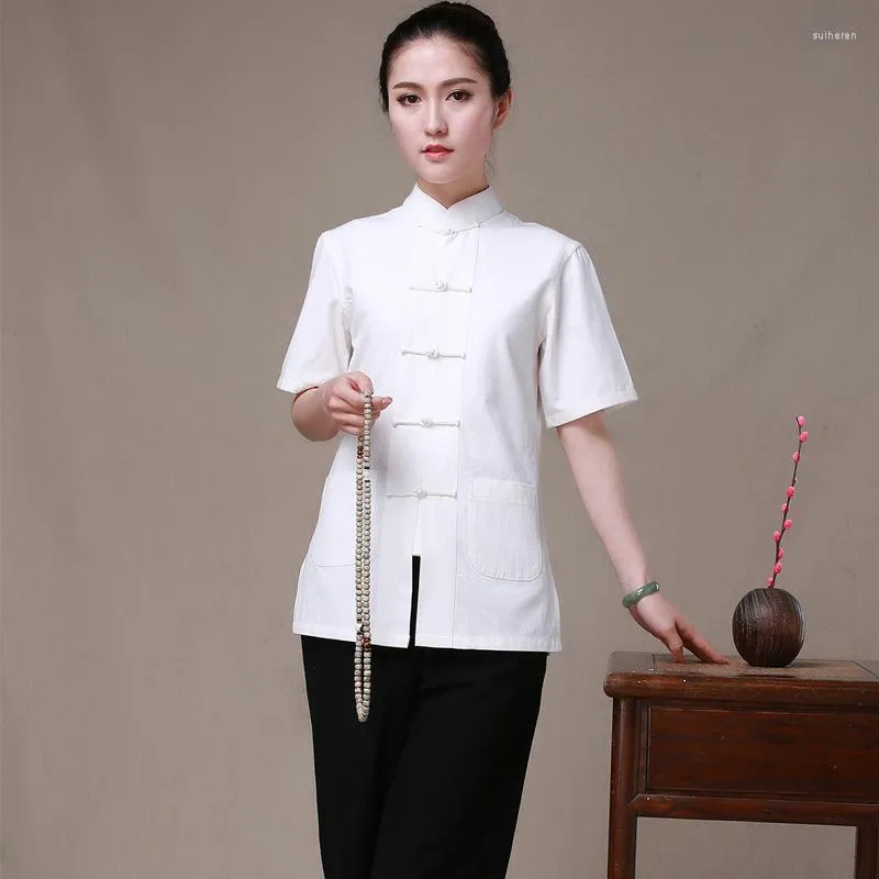 Ethnic Clothing Cotton Chinese Traditional Solid Tang Suit Clothings Women Uniform Short Sleeve Shirts Blouses Camisa Blusa Tops