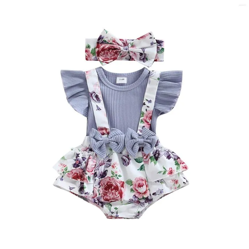 Ensembles de vêtements infantile bébé fille barboteuse col rond manches à volants nœud papillon décoré imprimé fleuri Patchwork bandeau 0-18M