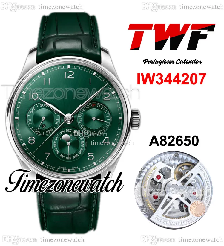 TWF Calendrier perpétuel IW344207 A52650 Montre automatique pour homme 42,4 mm Cadran vert Phase de lune Boîtier en acier Bracelet en cuir vert Montres Timezonewatch