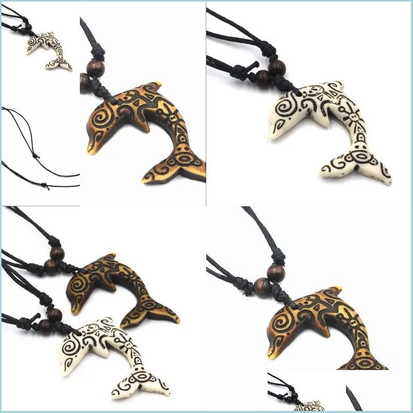 Pendentif Colliers Dauphin Hommes Femmes Pendentif Collier Bijoux Bois Perle Sling Colliers De Mode Imitation Os Sculpture Chaîne Drop Deli Dhzgn