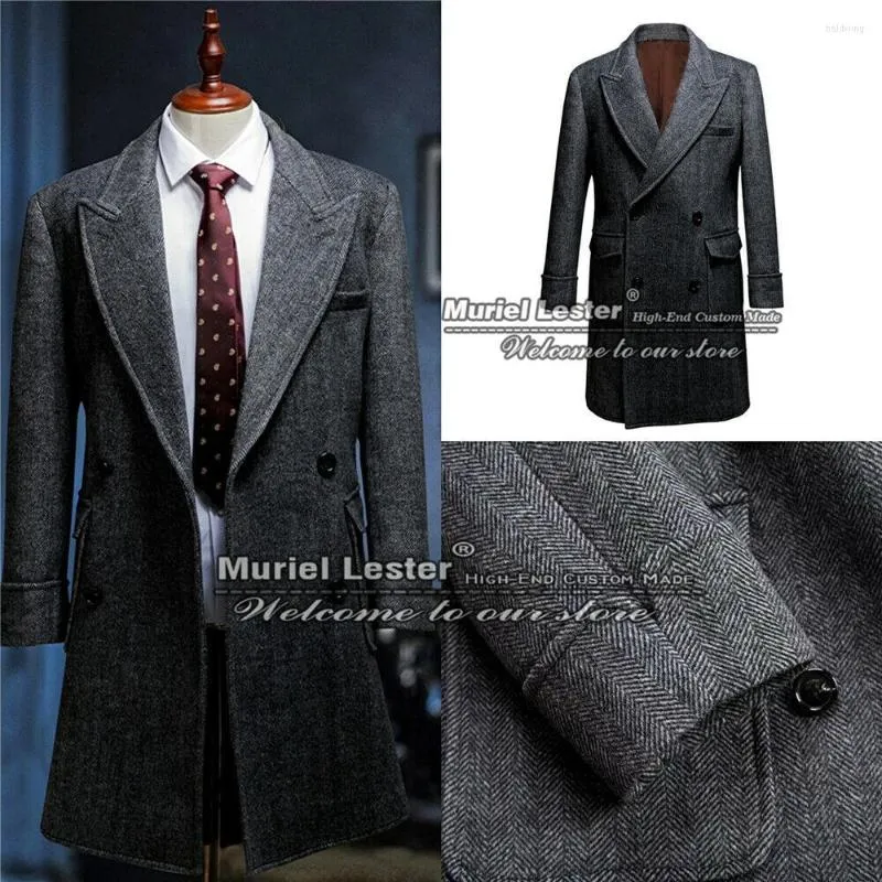 Costumes pour hommes Printemps / Automne Costume Vestes Hommes Slim Fit Gris Herringbone Business Outfit Double Boutonnage Pardessus Long Manteau Custom Made Blazers