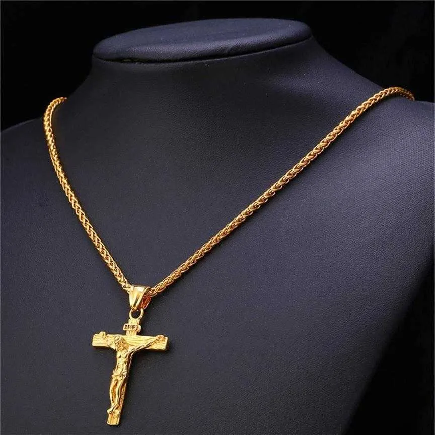 Naszyjniki wisiorek złoty srebrny naszyjnik łańcuchowy dla mężczyzn Jezus kawałek Trendy 18k Splised Stal nierdzewna Crucifix Cross Biżuteria A56