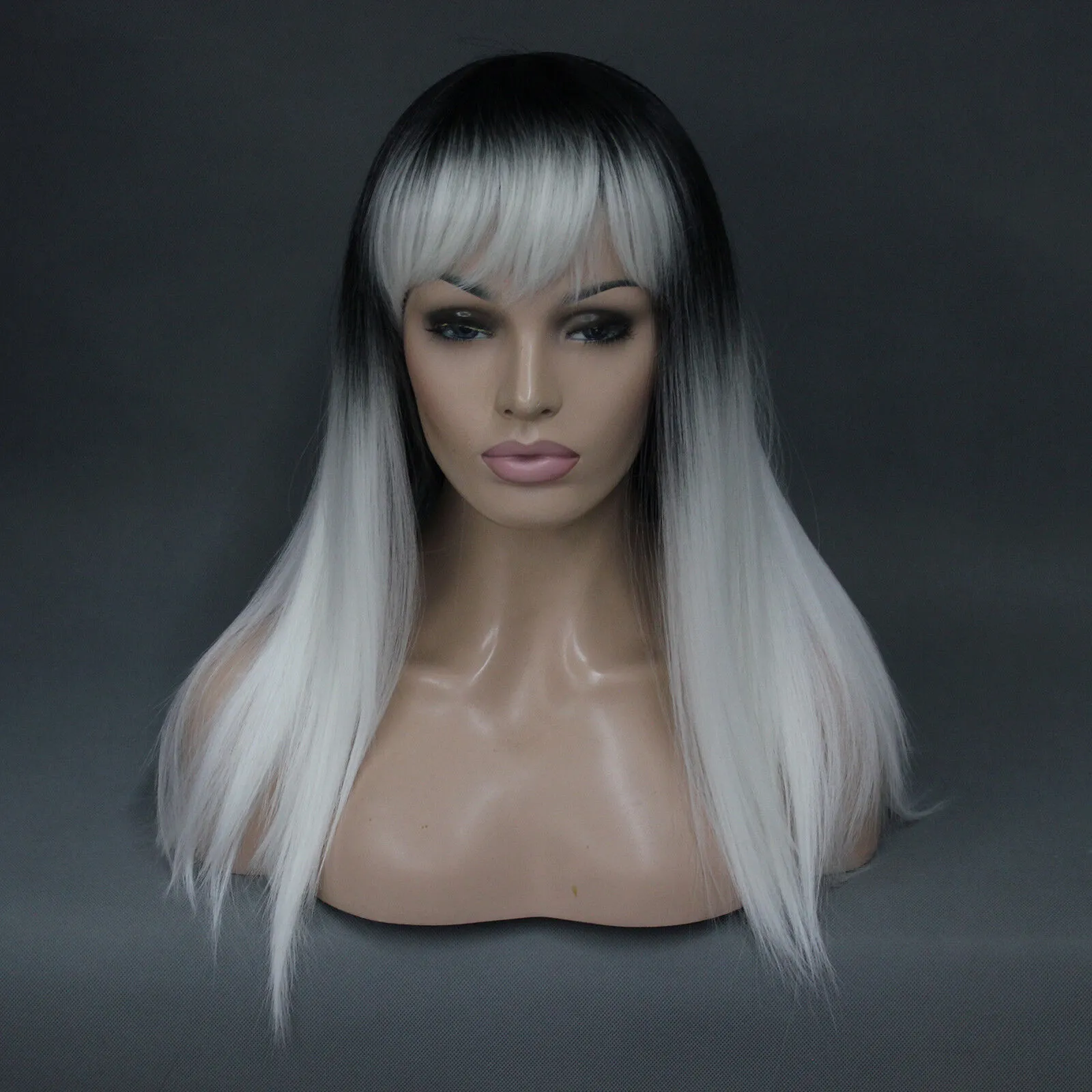 Vogue Full Wig Ombre van zwart tot wit rechte lang hitte-ok synthetisch haar