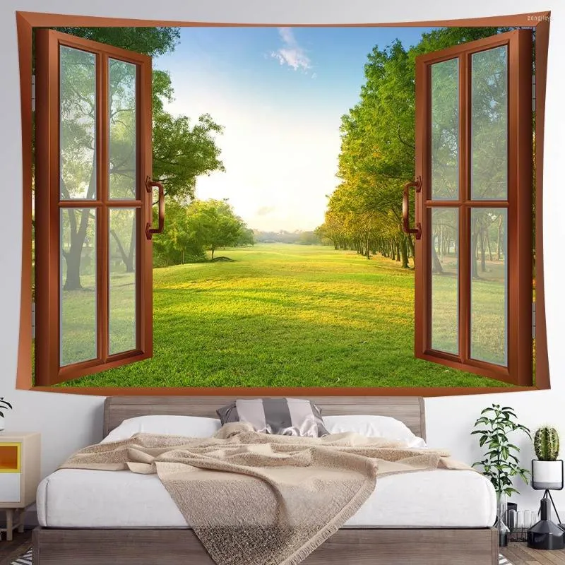 Tapestries Landscape Painting Waterfall Tapestry Window Scenery Wall Hanging Nature Style