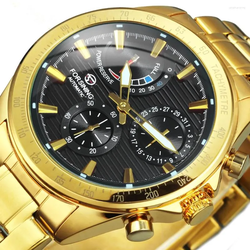 Montres-bracelets Forsining Luxe Gold Montre mécanique automatique pour hommes Multifonction Sous-cadrans Montres de sport lumineuses Bracelet en acier inoxydable