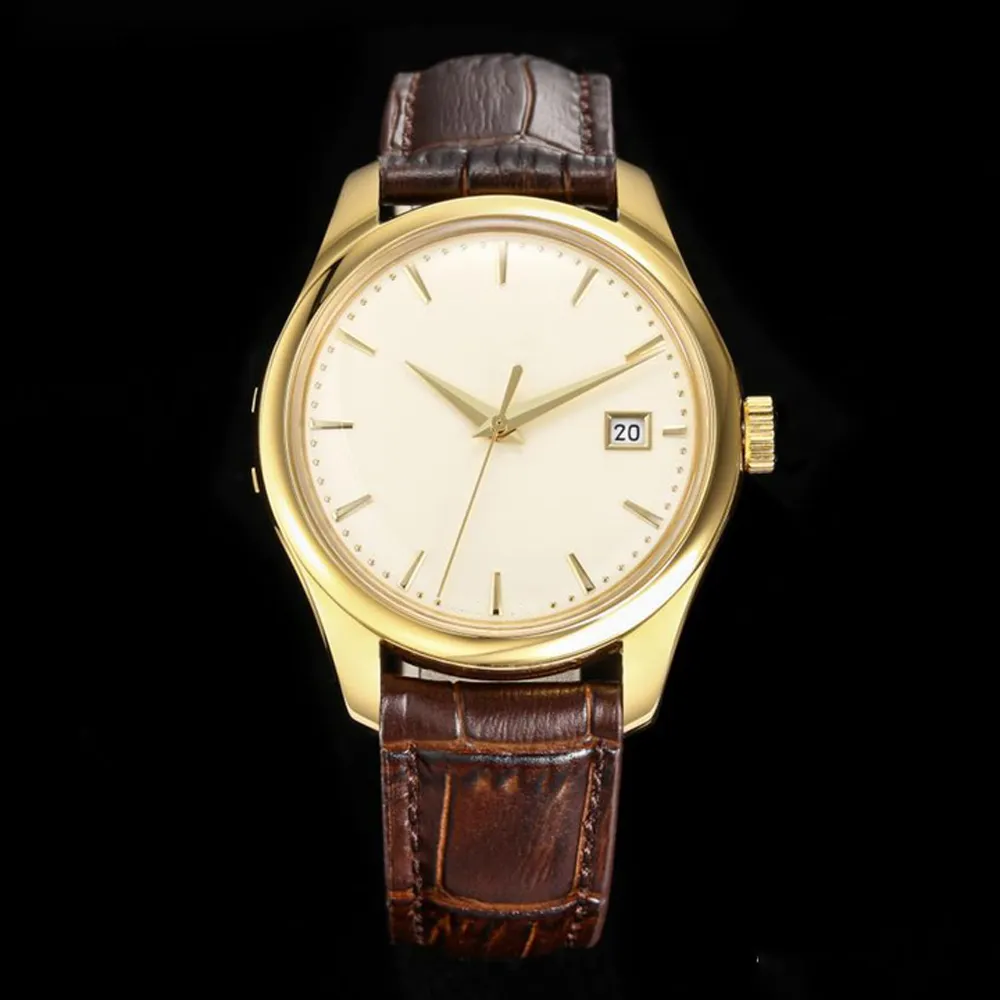 Mens Watches Classic Cow Leather Band 39mm något konvex blå skatt armbandsur spegel design mekanisk klocka orologi di lusso