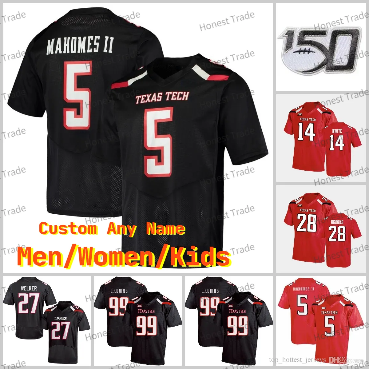 Personalizado Texas Tech Football Jersey Patrick Mahomes II Alan Bowman 7 Donovan Smith Donta Thompson Branco Vermelho College Mens Football Jerseys 150th