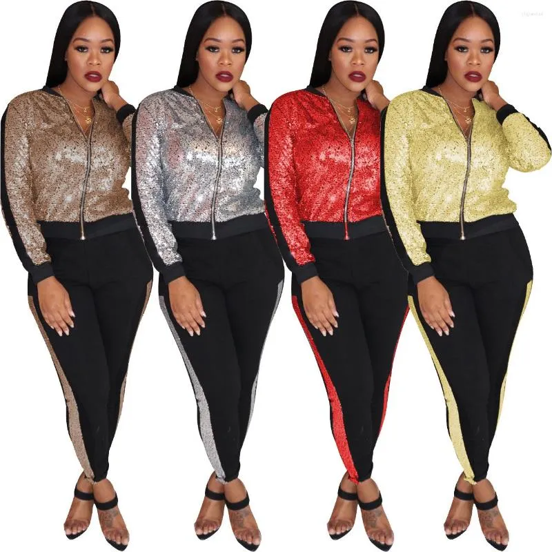 Women's Two Piece Pants M981 Spring Clothes For Women Explosive 2022 Fashion Multicolor Sequin Splicing Zipper 2 Sets Womens Outfits