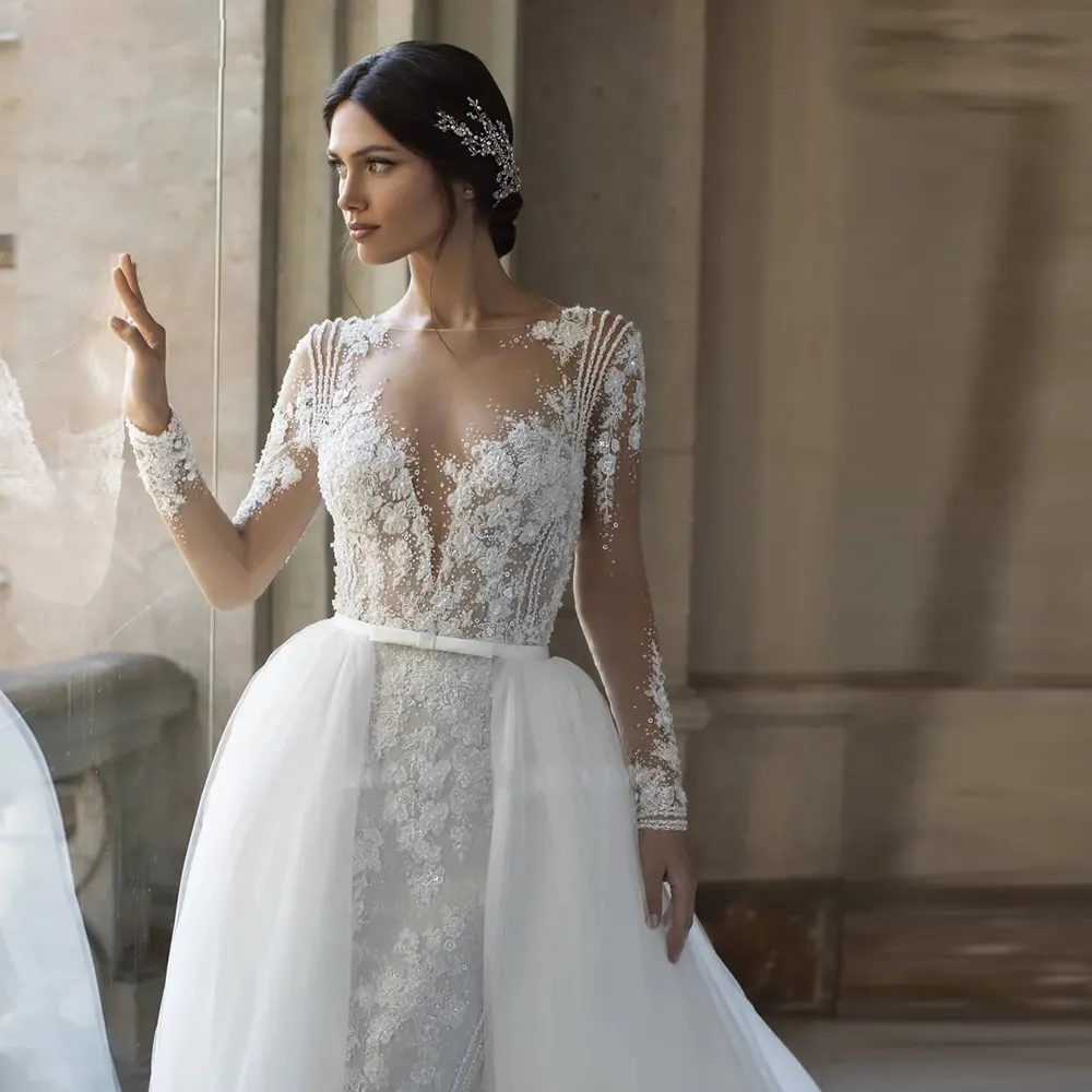 Modern Mermaid Castle Wedding Dresses Beading Bridal Gown With Detachable Train Sheer Neck Long Sleeve Vestidos De Novia 326 326