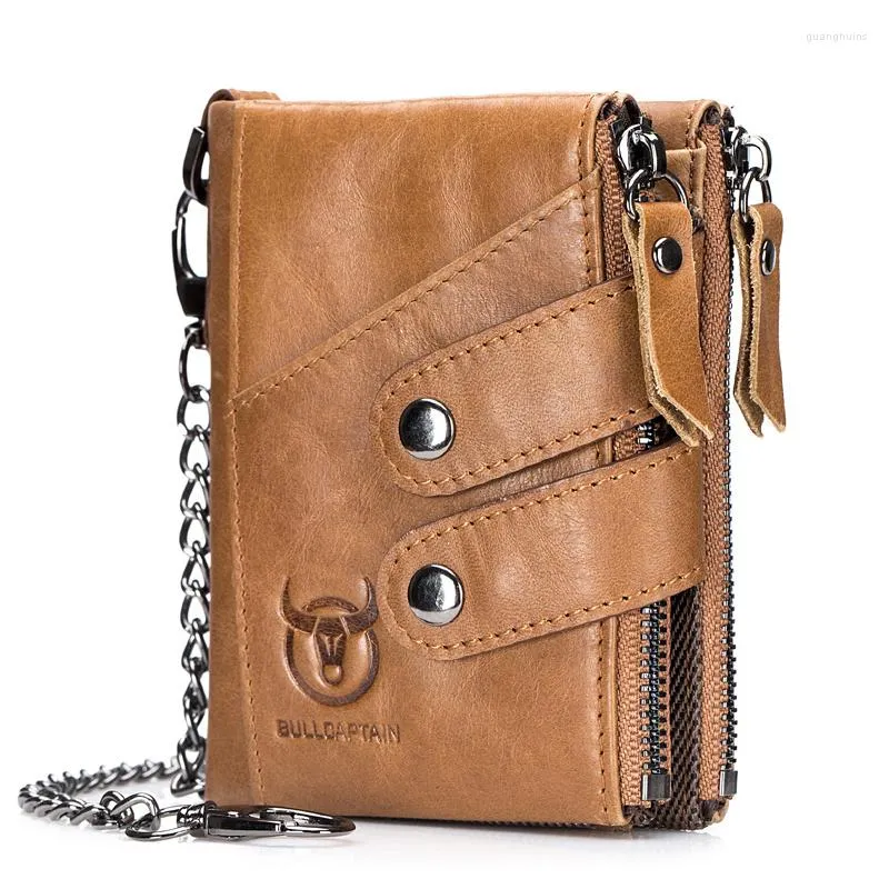 Carteras Cartera de marca de cuero para hombre Cremallera Tarjeta y moneda vintage con cadena