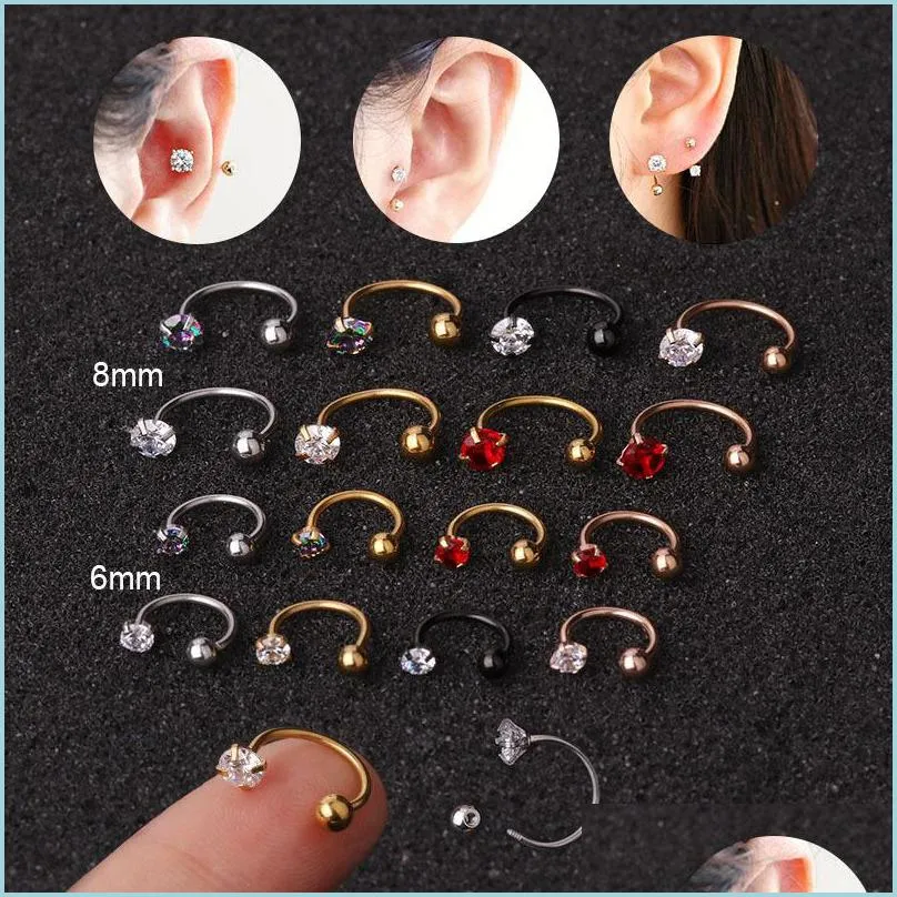 Stud 1pc 6/8mm roestvrij staal zirkoon CZ Hoop Tragus kraakbeen helix steden oorrang rook daith loboor schroef piercing sieraden 12 dhs0l