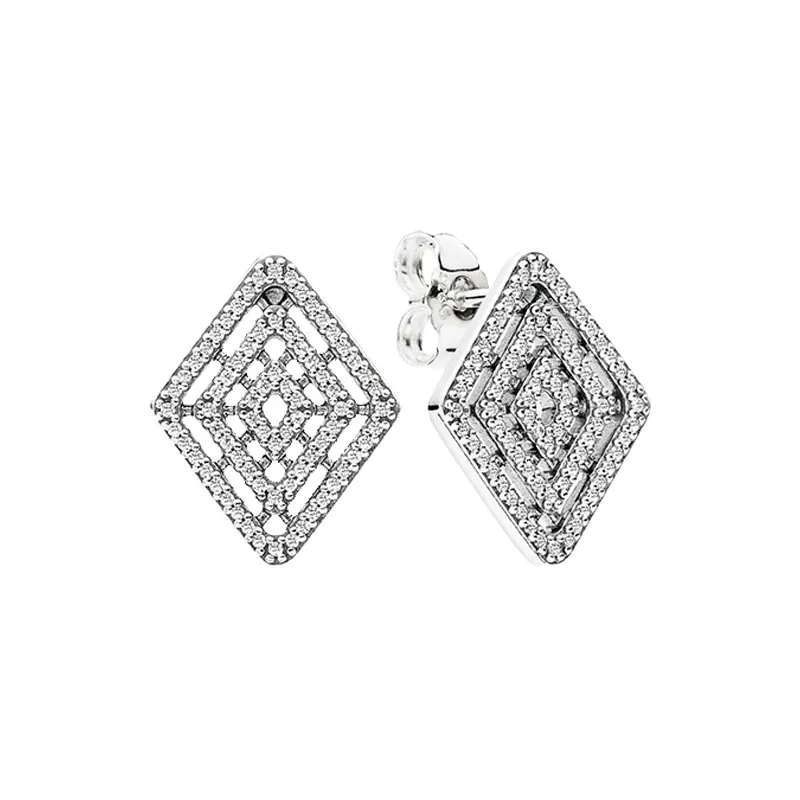 Authentic 925 Sterling Silver Geometric Line Stud Earring with Original Box for Pandora CZ diamond Wedding Party Jewelry For Women Girls Gift Earrings