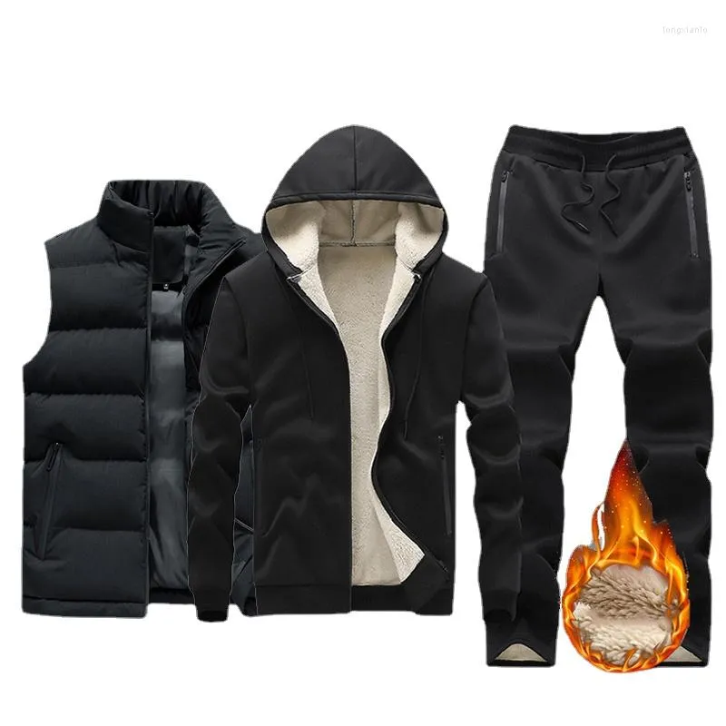 Men's Tracksuits Male Winter Warm Outerwear Fleece Men Set Fashion Brand Tracksuit Lined Thick Hooded Sweatshirt Pants Sportswear 3Pcs Sets