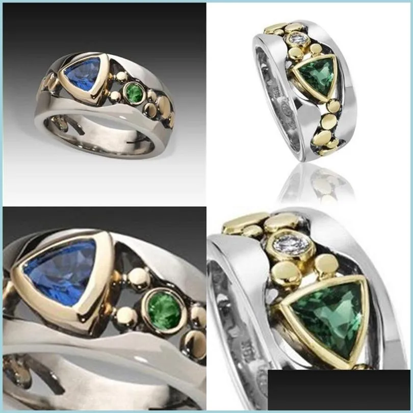 With Side Stones Rhinestone Inlay Rings With Side Stones Hollowing Out Decorative Pattern Green Blues Zircon Alloy Sapphire Ring Jewe Dhwv6