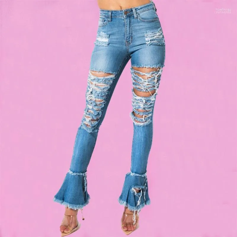 Kvinnors jeans kvinnors rippade hål Begger kvinnlig hög midja mager bootcut jean mode blossed nödställd vintage klocka botten byxa