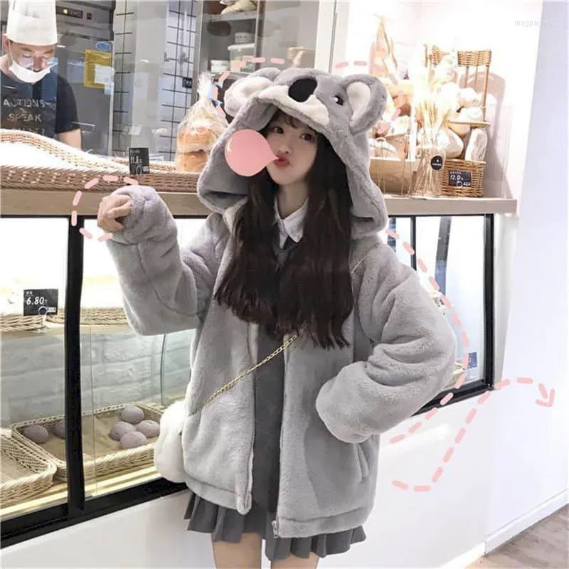 Trench da donna Giacca in peluche da donna 2022 Autunno Inverno giapponese morbida ragazza carina Koala orecchio con cappuccio studente peloso ispessito