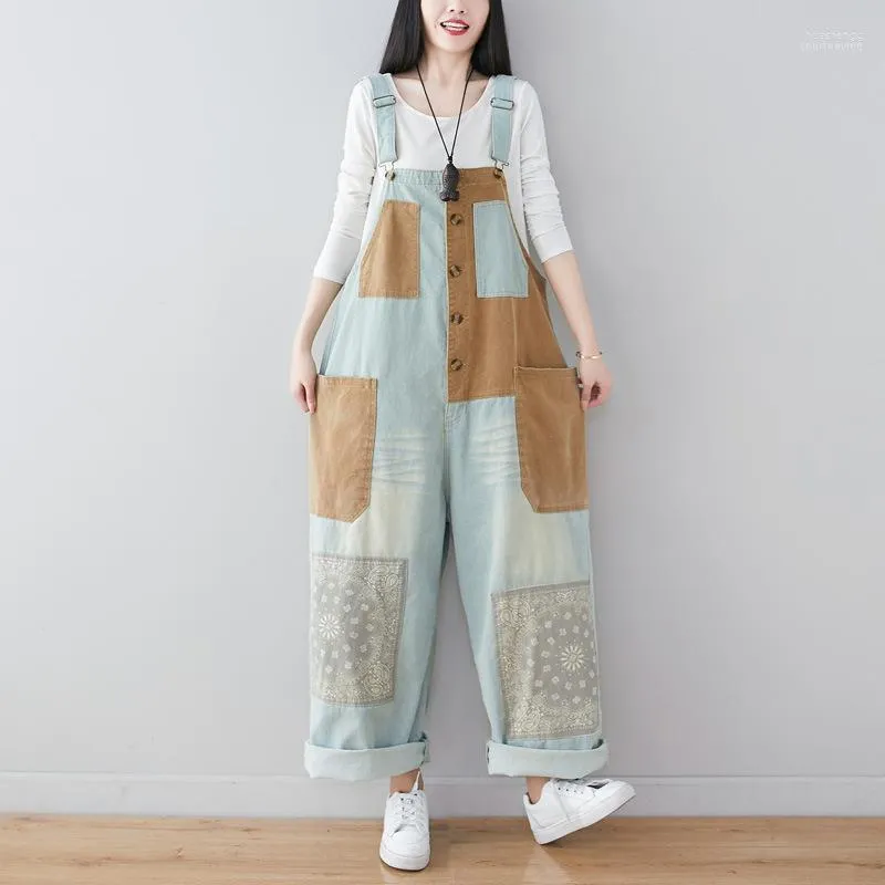 Dżinsowe dżinsy kobiety Nini Wonderland 2022 Spring Patchwork Denim Dżinsów Kobiety Kobiety Retro Jumpsuits Lose Pants Duży rozmiar