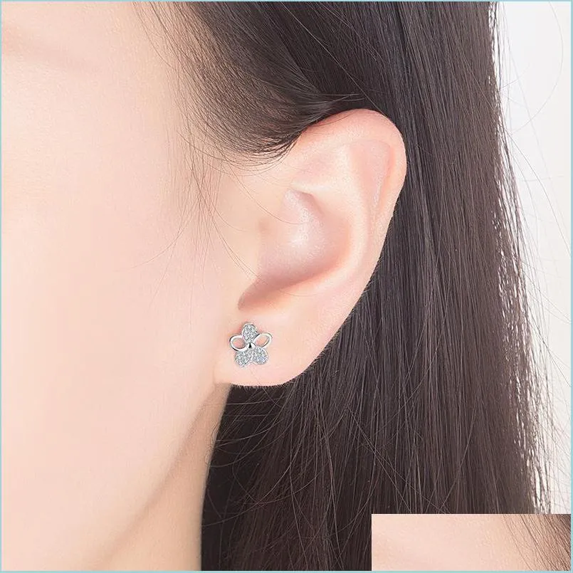 Stud 925 Sterling Sier Stud Earrings Woman Fashion Jewelry Retro Simple Plum Leaf Crystal Zircon Drop Delivery 2022 Earring Dhu1V