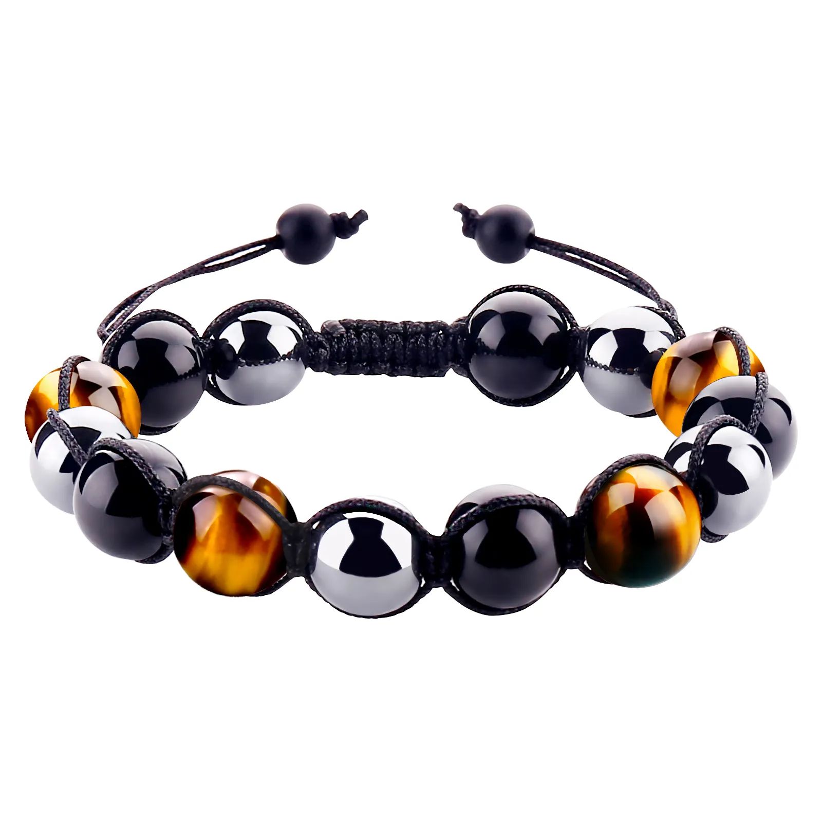 Pulseira com miçangas e pedra olho de tigre, pulseiras de proteção tripla para homens e mulheres, 10 mm, corda trançada, pulseiras para ioga, joias