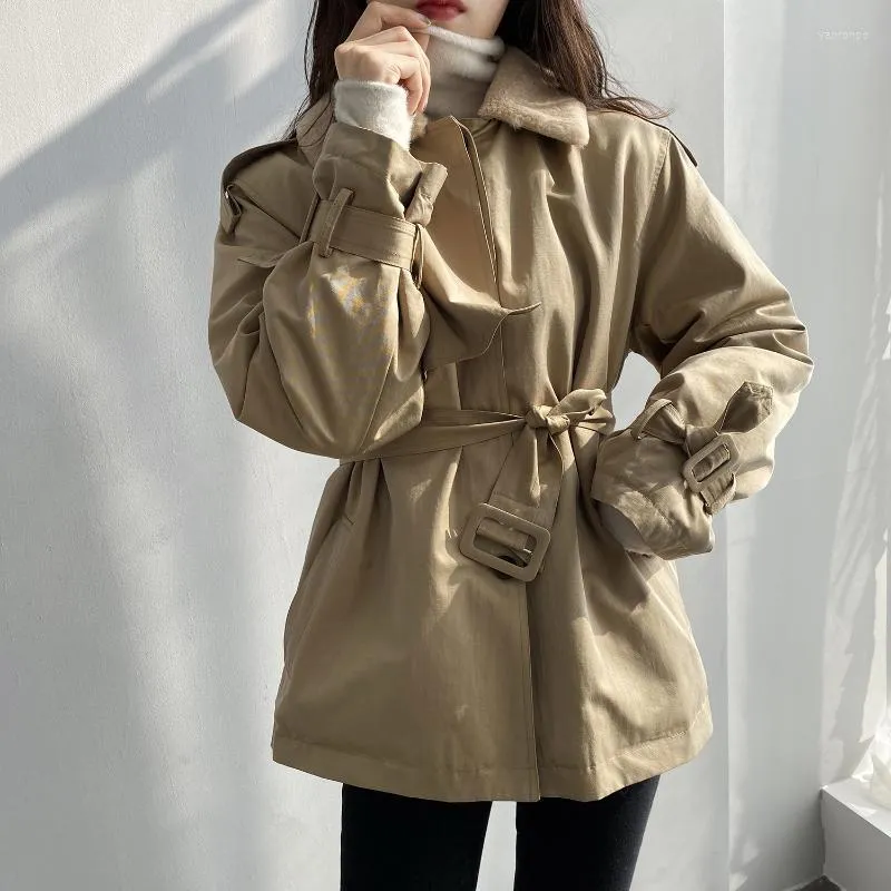 Damen Jacken Damen Nizza Frühling Frauen Jacke Mantel Schlank Schnürung Taille Pelz Innen S Khaki Outwear Casaco