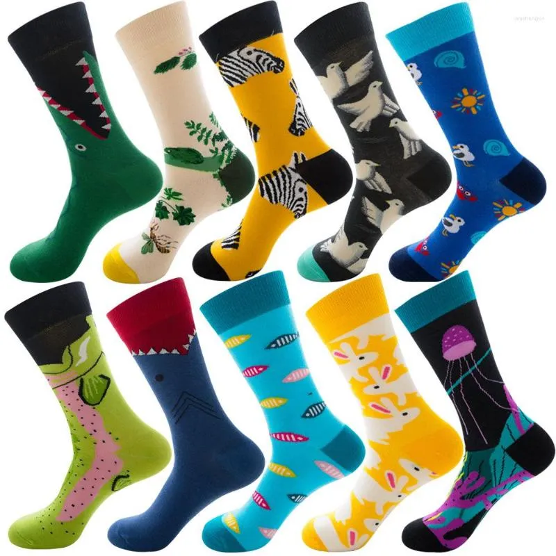 Men's Socks DOIAESKV 10 Pairs/lot Mens Happy Graffiti Animals Sea Food Men Combed Cotton Calcetines Largos Hombre Wholesales