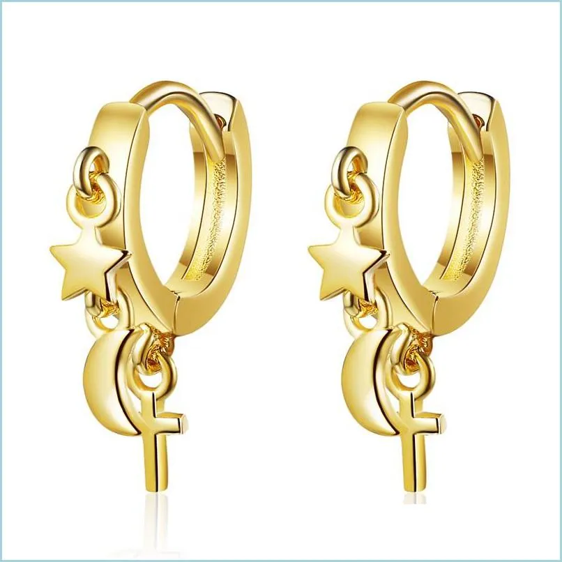 Hoop Huggie 925 Sterling Sier New Woman Fashion Jewelry Simple Star Moon Cross Golden Earrings Drop Delivery 2022 Earring Dhyta