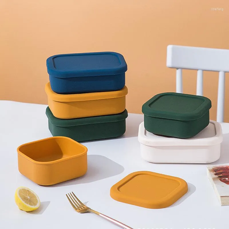 Dinnerware Sets Kids Adults Portable Rectangle 3 Compartment Bento Lunch Box Leakproof Silicone Containers