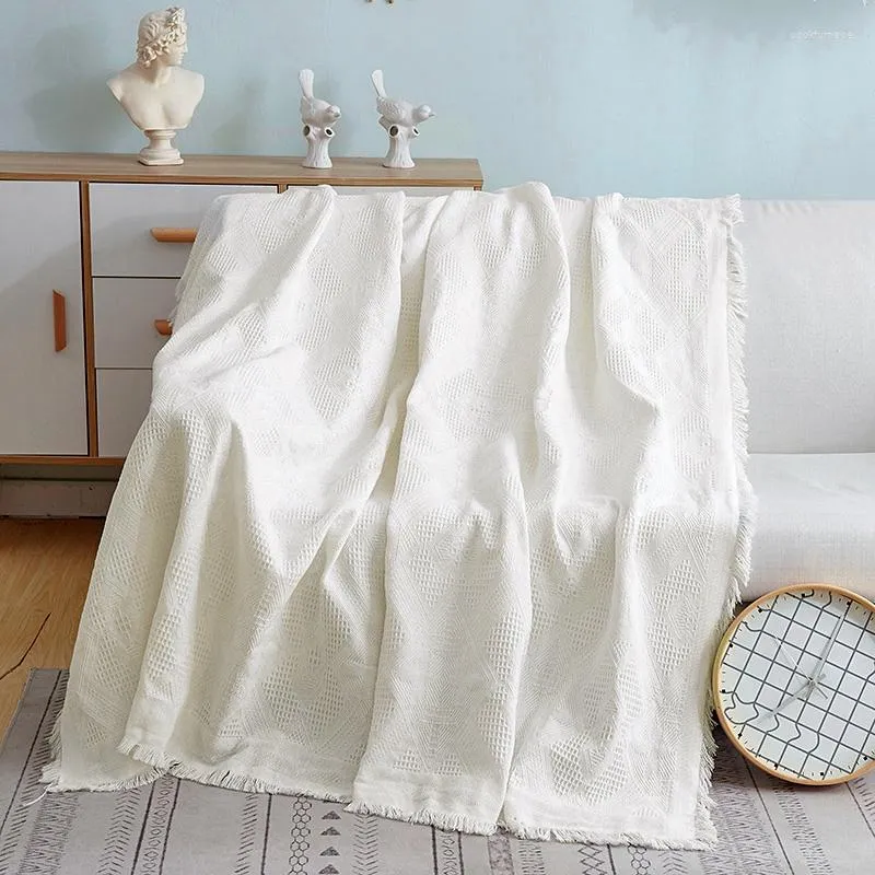 Coperte Coperta per divano semplice Asciugamano per divano nordico Cotone di colore bianco retrò con nappe per la decorazione domestica Stanza del condizionatore d'aria estiva
