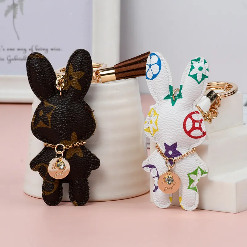 Rabbit Bunny Keychains Rings Women Cute Brown Flower Plaid PU Leather Car Keyrings Holder Fashion Design Bag Key Chains Jewelry Accessories Animal Pendants Charms
