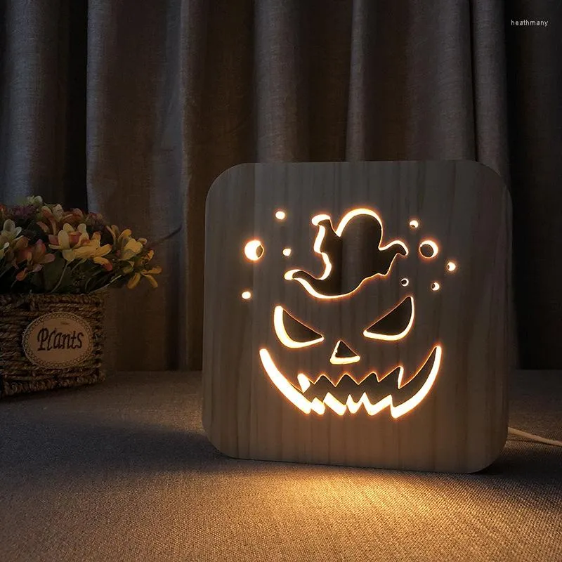 Nattljus 3D LED -lampa Ljus USB -skrivbordslampor Halloween Pumpkin Lantern f￶r g￥va Natural Pine Wood Room Decoration