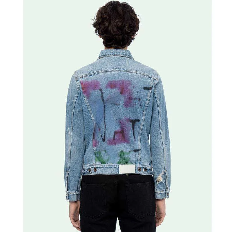 Men's Jackets Off Designer Denim Jacket Hand Painted Graffiti Arrow Sky Blue Denims Coat Fashion Brand Ow Men Women Long Sleeves