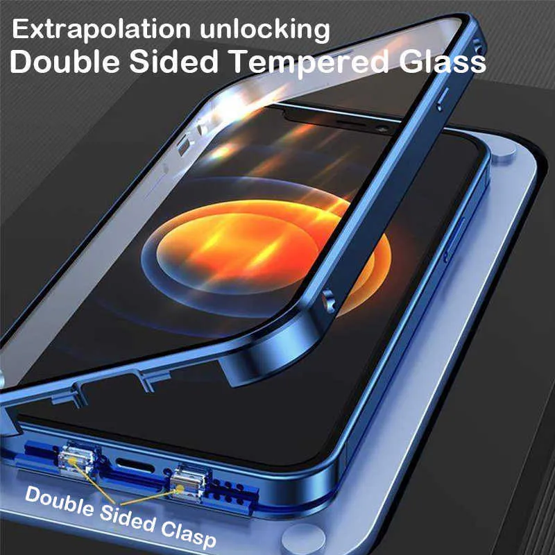 Mobiele telefoon hoesjes 360 schokbestendig Volledige lensbescherming Magnetische metalen klikhoes voor iPhone 13 12 11 Pro Max 12Mini 13Mini Dubbelzijdige glazen hoes W221014