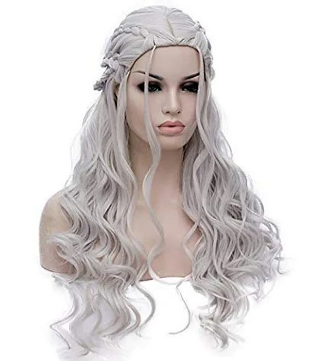 Серебряные женские костюмы парик длинные плетенные парики волос для вечеринки на Хэллоуин