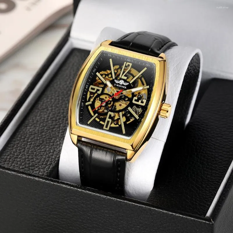 Zegarek prostokąt szkielet złoty czarny zegarek dla mężczyzn automatyczny mechaniczny na rękawo na rękę pustą skórzaną opaskę Relogio Masculino