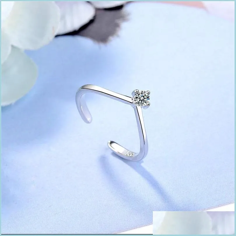 Wedding Rings Fashion Single Zircon V-Shaped Opening Adjustable Thin Rings S925 Sterling Sier Simple Wedding Jewelry Accessories For Dhs3U