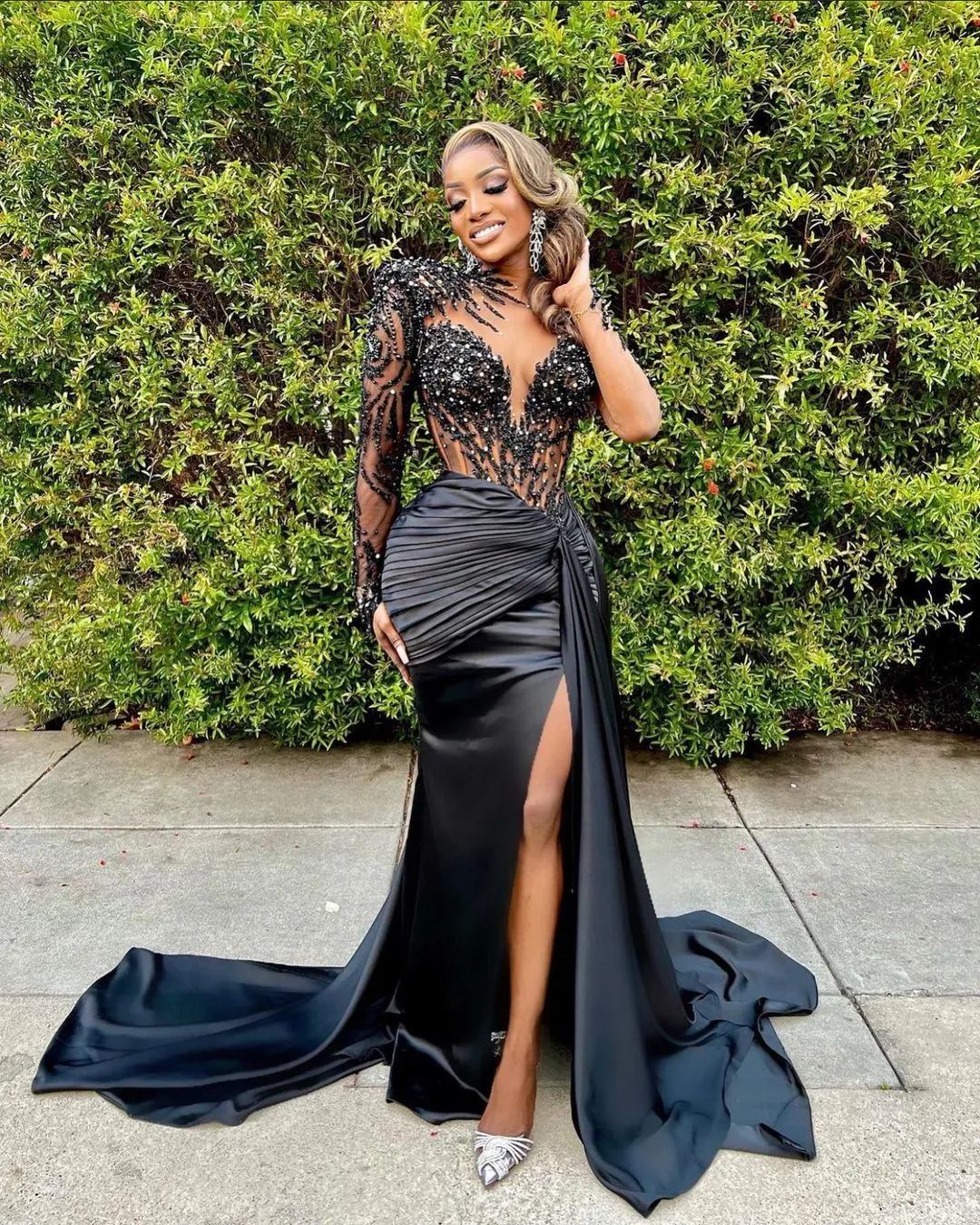Gold and Black Glitter African American Feather Prom Gown - Lunss