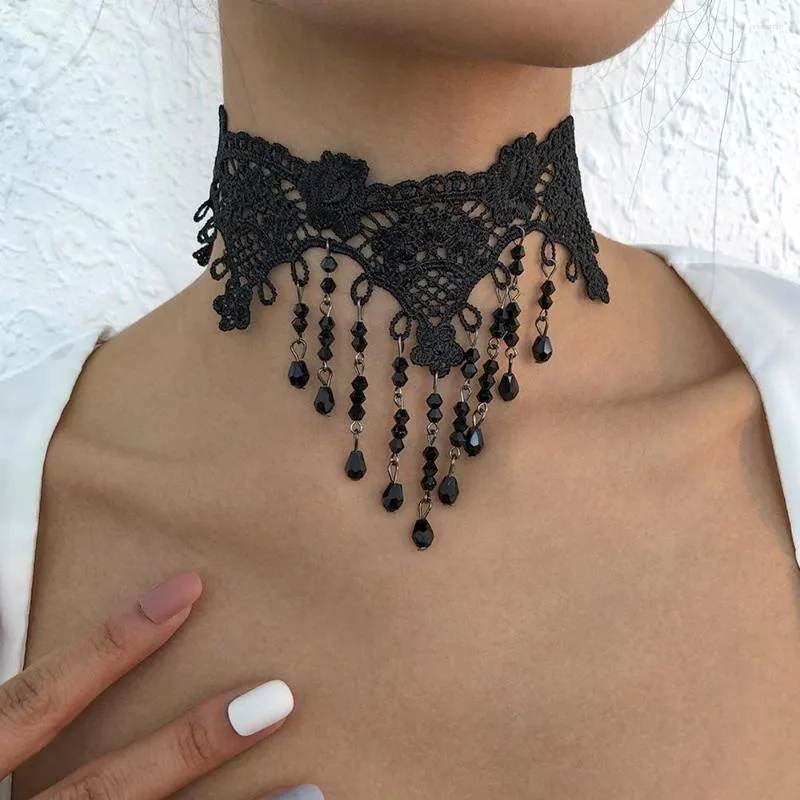 Choker SRCOI Gothic Wide Black Flower Lace Women Punk Crystal Tassel Sweet Vintage Collares Necklace