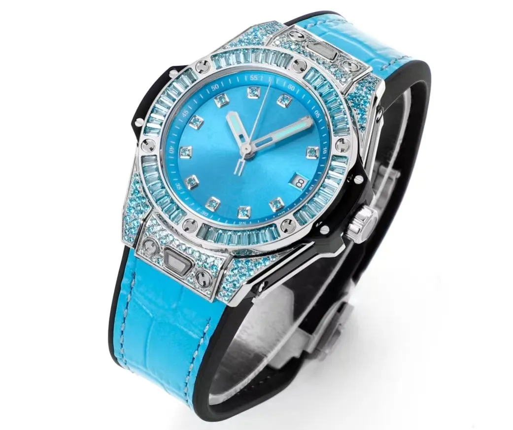 Unisex luxe mechanisch horloge zilveren dial set met diamant 39 mm blauwe riem en letterlijke super senior beweging 1710 volledig automatische keten romantisch regenboog horloge