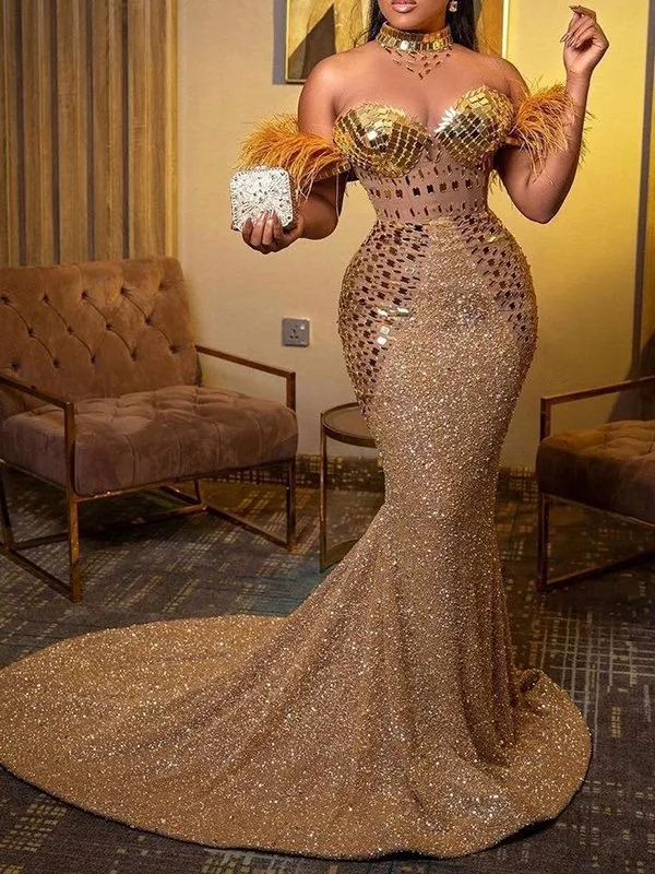 New Design gold Feathers Mermaid Prom Dresses See Through Illusion Beading  Evening Dress Custom Made Lace Appliques Celebrity Party Gown