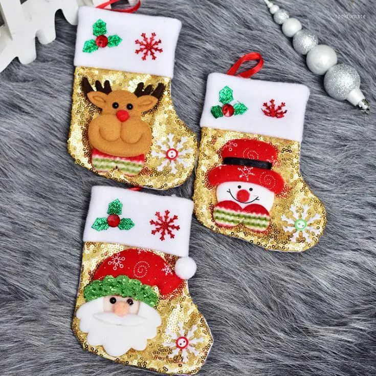 Рождественские украшения Bling Stockings 2022 Ornament Santa Snowman Seneman Sequin Маленький подарочный пакет для ножа набор вилок для домашней вечеринки SN3418