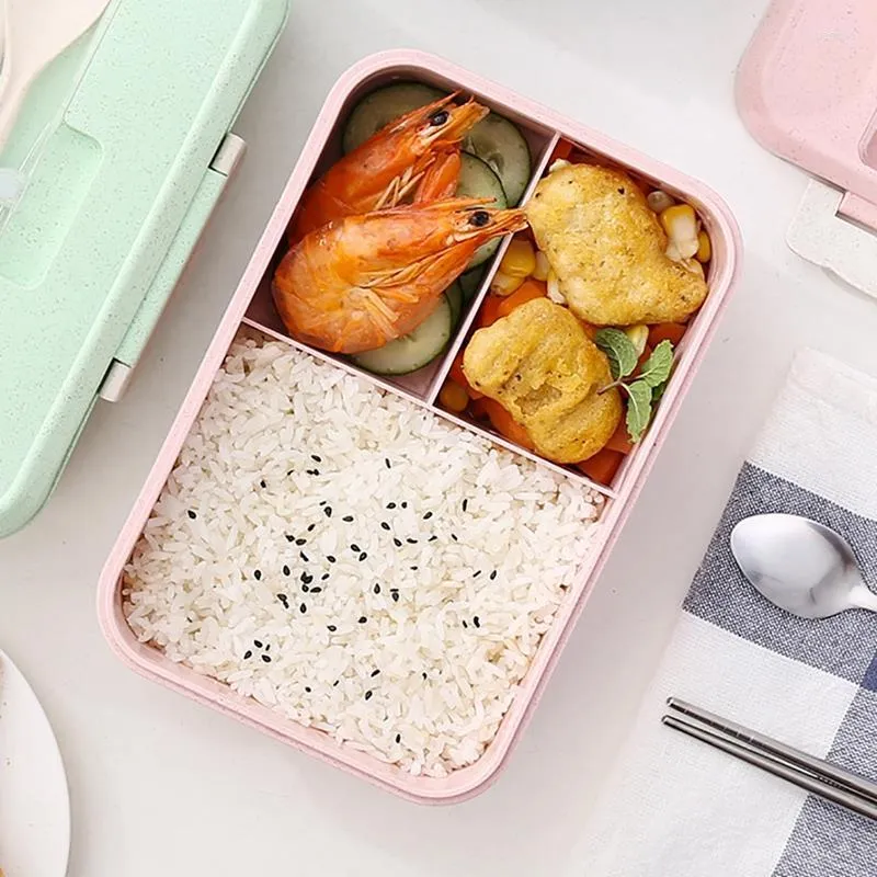 Dinnerware Sets Wheat Straw Bento Box Lunch For Student Office Worker 3 Compartments Container Storage With Lid & Utensils