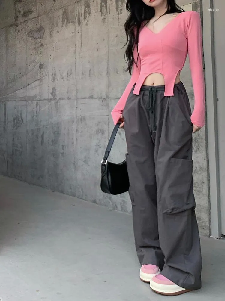 Women's Pants Korean Fashion Baggy Cargo Women 2022 Autumn Casual Pure Color Wide Leg Vintage High Waist Jeans Drawstring Design