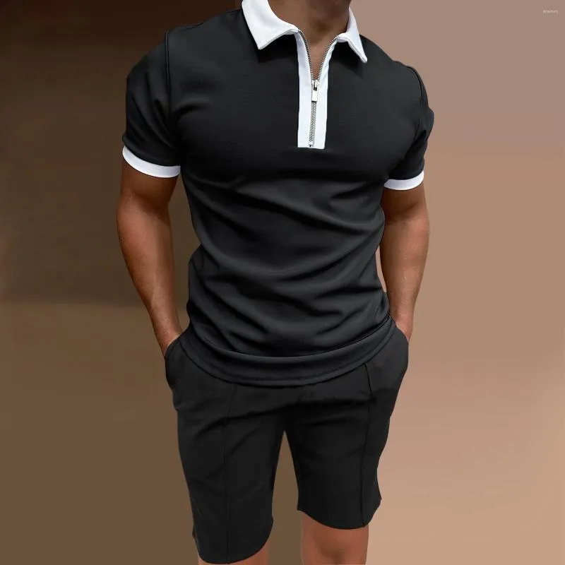 Spårar 2022 Men's Sportswear Solid Color Zippe Lapel Polo Shirt Sude Summer Fashion Outdoor Leisure Sports Shorts 2-Piece Set